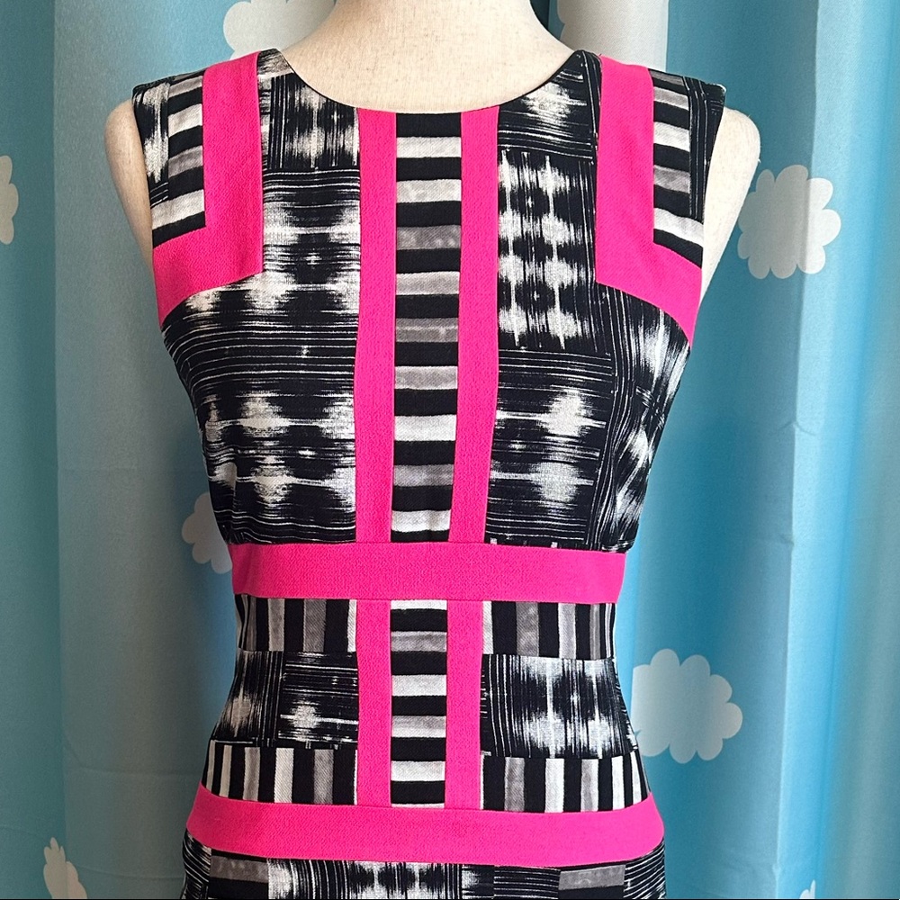 BCBGMaxAzria Black, White & Hot Pink Geometric Sheath Dress